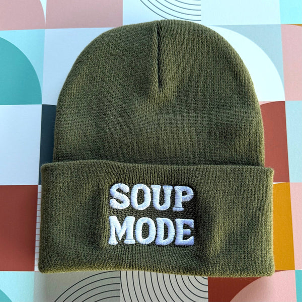Soup Mode Embroidered Beanie - Olive Green - River City Coffee and Goods 