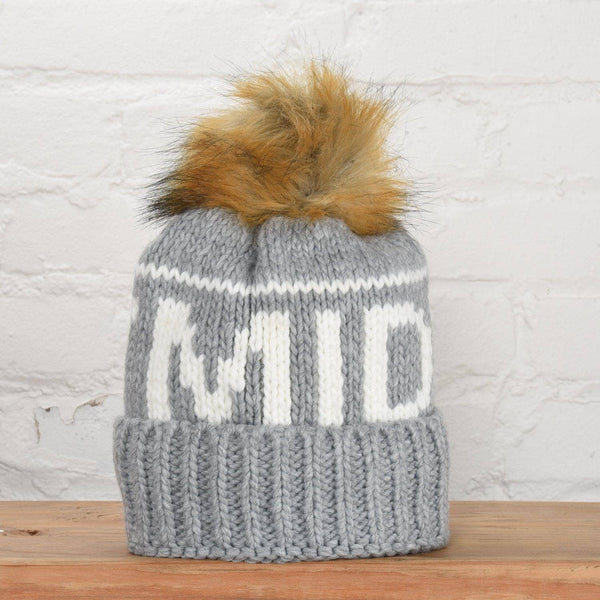 Midwest Beanie Faux Fur Pom - Grey/Ivory
