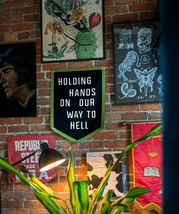 Holding Hands On Our Way To Hell Camp Flag - John Moreland x Oxford Pennant