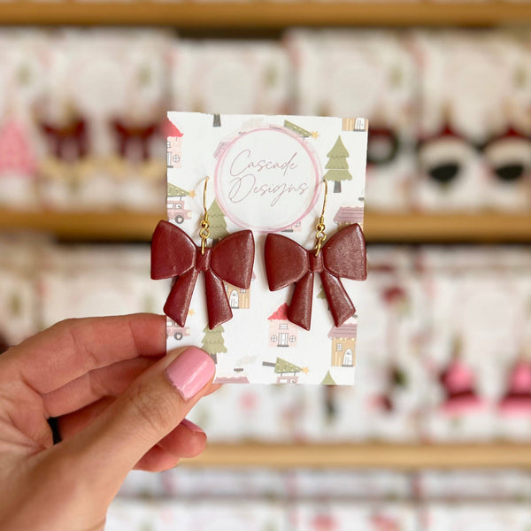 The Tinsel - Red Shimmery Bow Clay Earrings