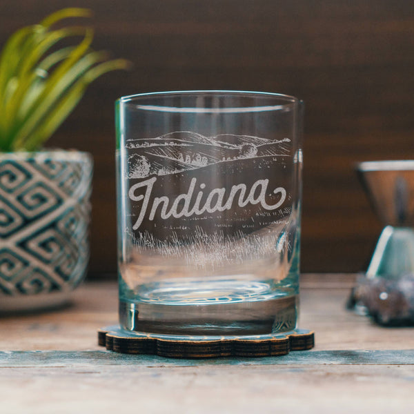 Indiana State Engraved Old Fashion Glass