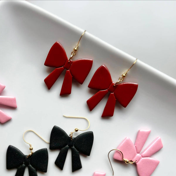 The Tinsel - Red Shimmery Bow Clay Earrings